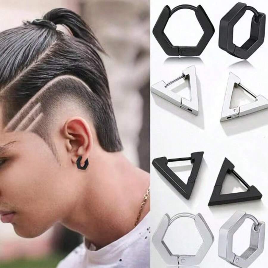 12/4 Pairs Minimalist Ear Piercing Barbell Earrings, Geometric Personalized Earrings, Black Vacuum Plated Punk Triangle Earrings For Men
