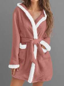 1 st. plyschbadrock med huva, enfärgade varma sovkläder för kvinnor, höst/vinter. Varm badrock med huva i kontrastfärg, unisex - Multifärgad - Visa 10