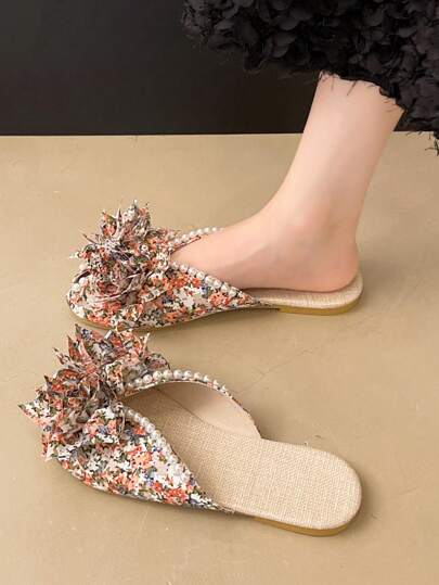 1 Pair Women's Floral Print Faux Pearl Decor Flat Slippers, 3D Floral Decoration Lightweight Sandals, Round Toe Summer Slide Slippers, Suitable For Daily Outing, Holiday Party, And Home Wear