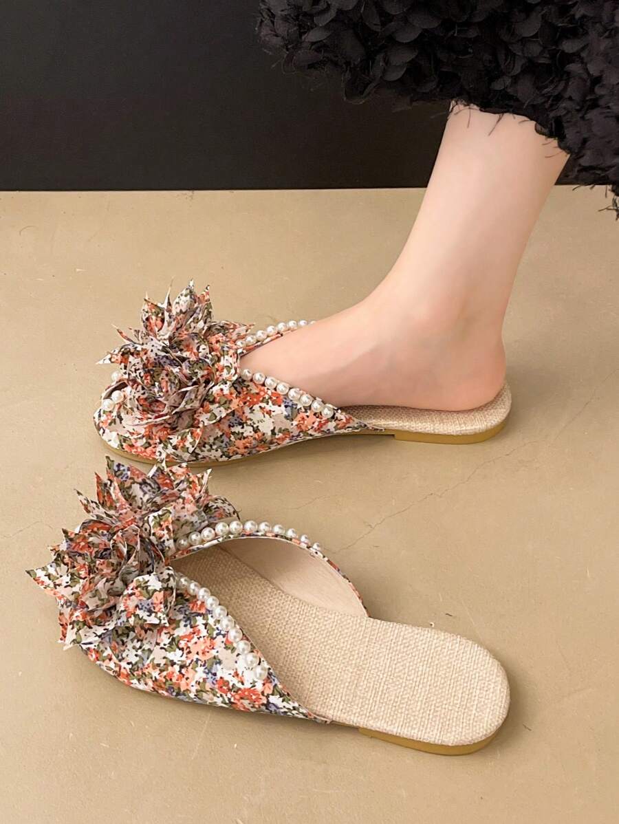 1 双女士花卉印花仿珍珠装饰平底拖鞋，3D 花卉装饰轻便凉鞋，圆头夏季拖鞋，适合日常外出、节日派对和家居穿着 - 紅色 - 查看 1