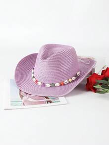 1 件纯色波西米亚休闲草编宝石牛仔帽，海滩度假防晒草帽，男女通用，适合通勤，四季皆宜