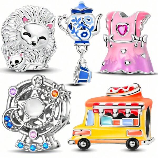 1pc 925 Silver Plated Hot Dog Balloon Bus Pink Purple Dress Star Moon Ferris Wheel Parent-Child Hedgehog Blue And White Porcelain Teapot Tea Cup Bead DIY Silvery Charm Suitable For Original Snake Bone Bracelet, Women's Daily Wear, Holiday Gifts, Jewelry