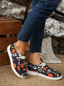 圆头撞色一脚蹬万圣节鬼南瓜蝙蝠搞怪元素时尚百搭轻便派对女款卡通帆布鞋