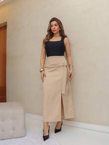 Frenchy Women's Casual Solid Color Drawstring Wrap Skirt, Spring/Summer/M5509 - 杏色 - 查看 2