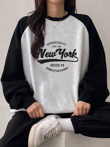 1件青少年女童圆领字母印花拼接撞色宽松卫衣，长袖套头衫，返校季，毕业季 - 黑色 - 查看 2