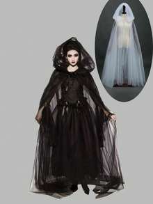 1pc Bride Shawl Halloween Party Cloak Ghost Bride Shawl Witch Vampire Cosplay Game Hooded Cape Horror Party Festival Costume Props Ideal Choice(300*150cm/118*59in)