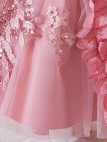 Vestido elegante de niña pequeña sin mangas con aplicación floral de tul para fiesta, cumpleaños, boda, sin diadema - Rosa vieja - Ver 8