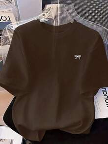 Camiseta de manga corta con lazo de talla grande, corte holgado, casual para primavera/verano - Café integral - Ver 2
