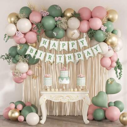 Light Pink Sage Green Sand White Metallic Gold Thickened Latex Balloons And Heart Foil Balloons Garland Arch Kit With Fringe Curtain Happy Birthday Banner For 1st 3th 5th 13 16 18 21 30 40 Birthday Party Decotaions Supplies
