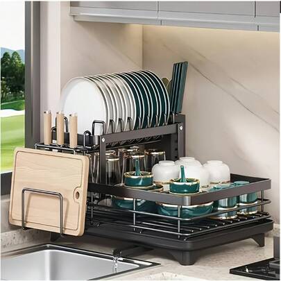 Double Tier Metal And Carbon Steel Cutlery Rack, Large And Durable, With Knife Fork And Cup Holders And Draining Board, Rustproof Two Tier, Space Saving Kitchen Countertop, Make Kitchen More Concise And Organized