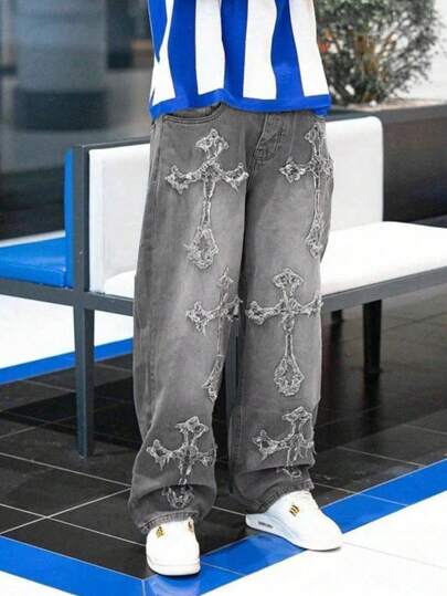 Grunge Goth Y2K Style Men's Loose Straight Versatile Cross Embroidered Denim Jeans, Fashion Casual Minimalist Retro Streetwear, Suitable For Daily, Commute, Outdoor Activities, Gatherings