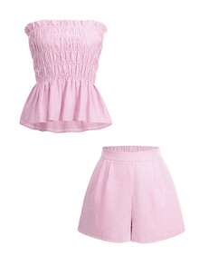 Vaiaye Women's Summer Hawaii Boho Tropical Beach Vacation 2-Piece Set – One-Shoulder Striped Ruffle-Edge Minimalist Everyday Bandeau Top & Shorts, Perfect For Dates, Afternoon Tea, Holidays, Music Festivals And Valentine's Day - Pink - View 3