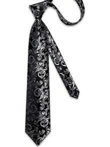 Conjunto de corbata de seda con estampado floral, incluye pinza de corbata, pañuelo y gemelos - Negro y plata - Ver 9