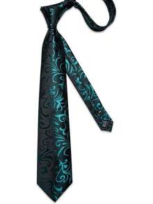 Silk Floral Necktie Set With Tie Clip, Handkerchief & Cufflinks - Black and Teal - View 5
