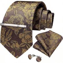 Silk Floral Necktie Set With Tie Clip, Handkerchief & Cufflinks - Brown and Yellow - View 2
