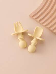 2PCS Personalized Customization Name Baby Silicone Spoon Fork Solid Color Kids Utensils Feeding Training Stuff Soft Print On Demand Baby Tableware - Multicolor - View 12
