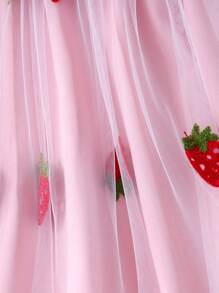 Young Girls' Casual Fashion Mesh Puff Sleeve Cute Strawberry Print Dress, Spring/Summer