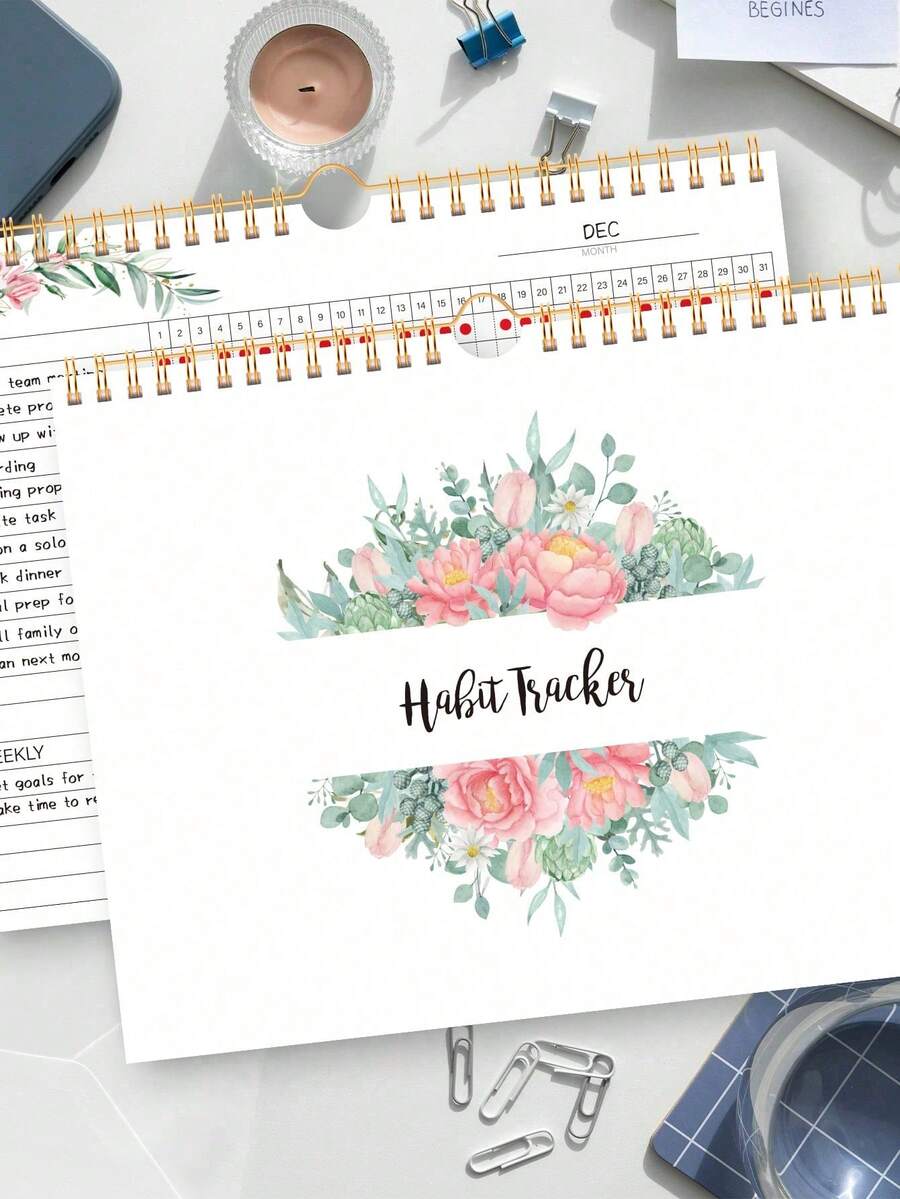 12pcs Habit Tracker Undated Calendar, Spiral Bound, 10*8 Inch, Includes 12 Different Plant Pattern Pages, Daily/Weekly/Monthly Habit Tracker To Boost Productivity - Pink - View 1