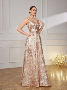 SUPGIR Women's Elegant V-Neck Sleeveless Backless Slim-Fitting Sequin Ball Gown Maxi Evening Dress