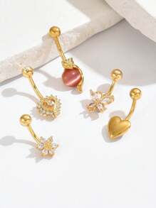 5pcs Stainless Steel Bent Rod Belly Button Rings Set With Sparkly Rhinestone Butterfly Heart Sun Fox Flower Combination Shape Women Belly Chain Pendant Piercing Jewelry Foraily Wear Valentines, Fashion Cubic Zirconia Decor, Belly Button Piercing