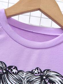 2pcs/Set Tween GirlsCartoon Portrait Print Sweatshirt & Skinny Pants Suit, Streetwear Fashion, Autumn - Purple - View 2