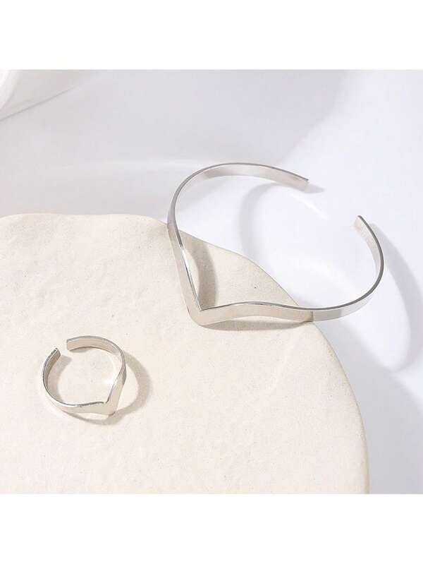 1pc/2pcs Minimalist Metal Letter V-Shaped Bangle & Ring Set, Fashionable & Versatile For Daily Wear