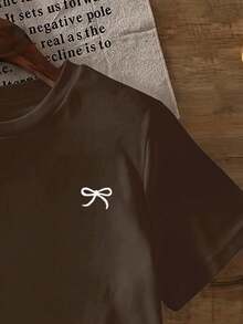 Camiseta de manga corta con lazo de talla grande, corte holgado, casual para primavera/verano - Café integral - Ver 4
