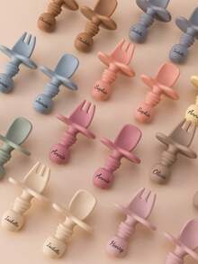2PCS Personalized Customization Name Baby Silicone Spoon Fork Solid Color Kids Utensils Feeding Training Stuff Soft Print On Demand Baby Tableware - Multicolor - View 2