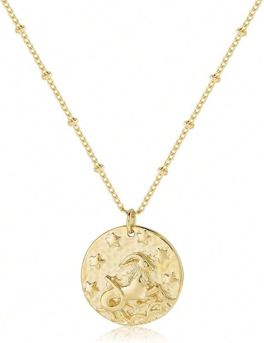 Zodiac Coin Embossed Choker Necklace Disc 12 Astrology Horoscope 14K Gold Plated Round Pendant Personalized Necklace Women Men - L 摩羯座(12月22日-1月19日) - 查看 1
