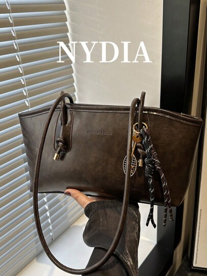 1pc Coffee Brown Quilted Zipper Closure PU Solid Color Bowling Bag, Large Capacity Tote Bag, New Fashion Vintage Style One Shoulder Bag, Suitable For Women Daily Use, Autumn/Winter