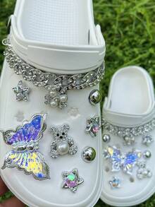 18 件 DIY 洞洞鞋银熊水钻大链，校园风格鞋花装饰可拆卸纽扣，适用于镂空拖鞋、凉鞋，四季皆宜，节日礼物