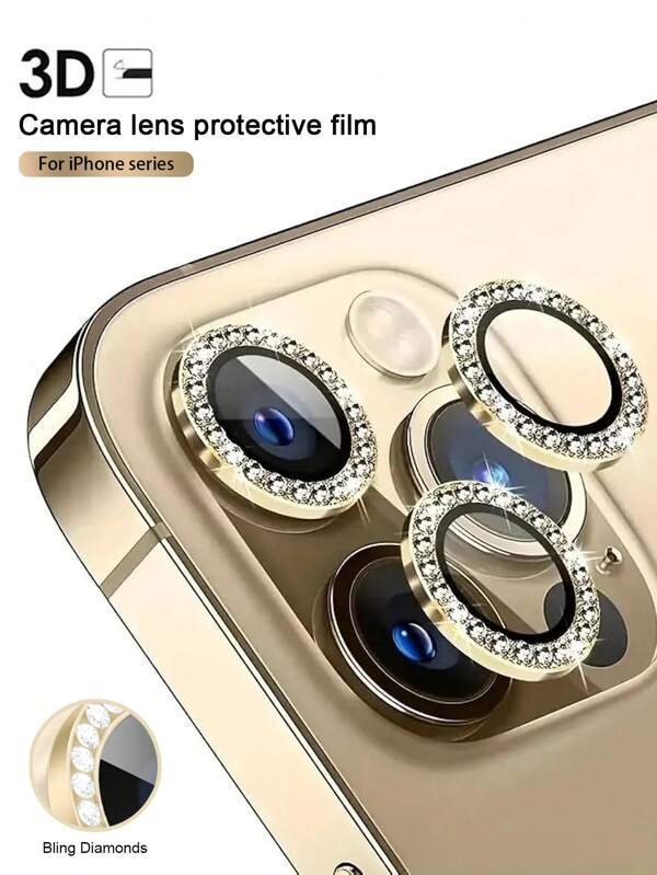 3 Stück kompatibel mit iPhone 16 Pro Max/15/14/13/12/11 Strass Kamera Linsen Schutzfolie, gehärtetes Glas Folie Gold geeignet für täglichen Schutz, Büro, Zuhause funkelnder Kristall Linsen Schutz Handykamera Abdeckung