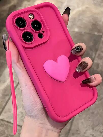 1 pieza Funda de teléfono con forma de corazón de color fucsia a la moda, compatible con iPhone 12/13 Pro Max, Honor X7, Galaxy A56 5G, Infinix Smart 8, Infinix Hot 40i, Spark 20, Spark 20C, Spark Go 2024, Redmi Note 14 5G, Moto E22/E22i, OPPO A54, cubierta protectora de Body completo, diseño minimalista con correa para la muñeca, adecuado para uso diario y transporte al aire libre