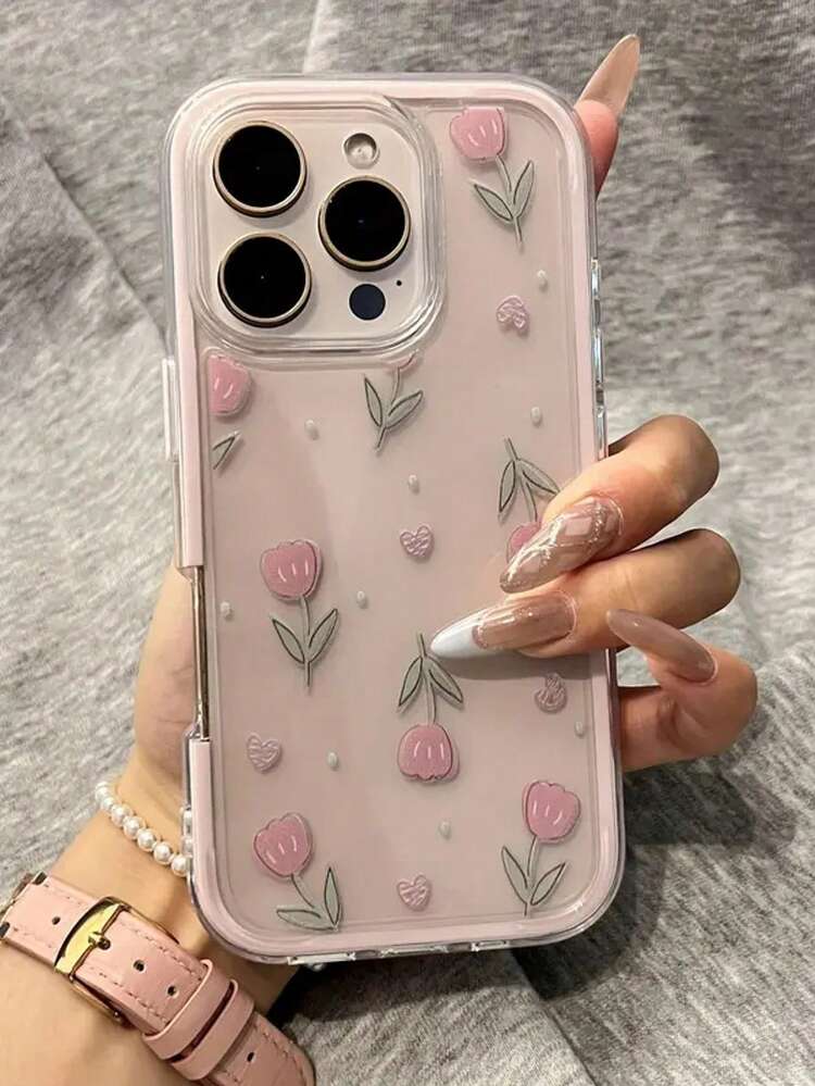 Pink Tulip Rainbow Transparent Phone Case, Minimalist Design, Compatible With IPhone 16/16 Plus/16 Pro/16 Pro Max, 15/15 Plus/15 Pro/15 Pro Max, 14/14 Plus/14 Pro/14 Pro Max, 13/13 Pro/13 Pro Max, 12/12 Pro/12 Pro Max, 11/11 Pro Max Waterproof Shockproof Anti-Fall Scratch Resistant - Pink - View 1