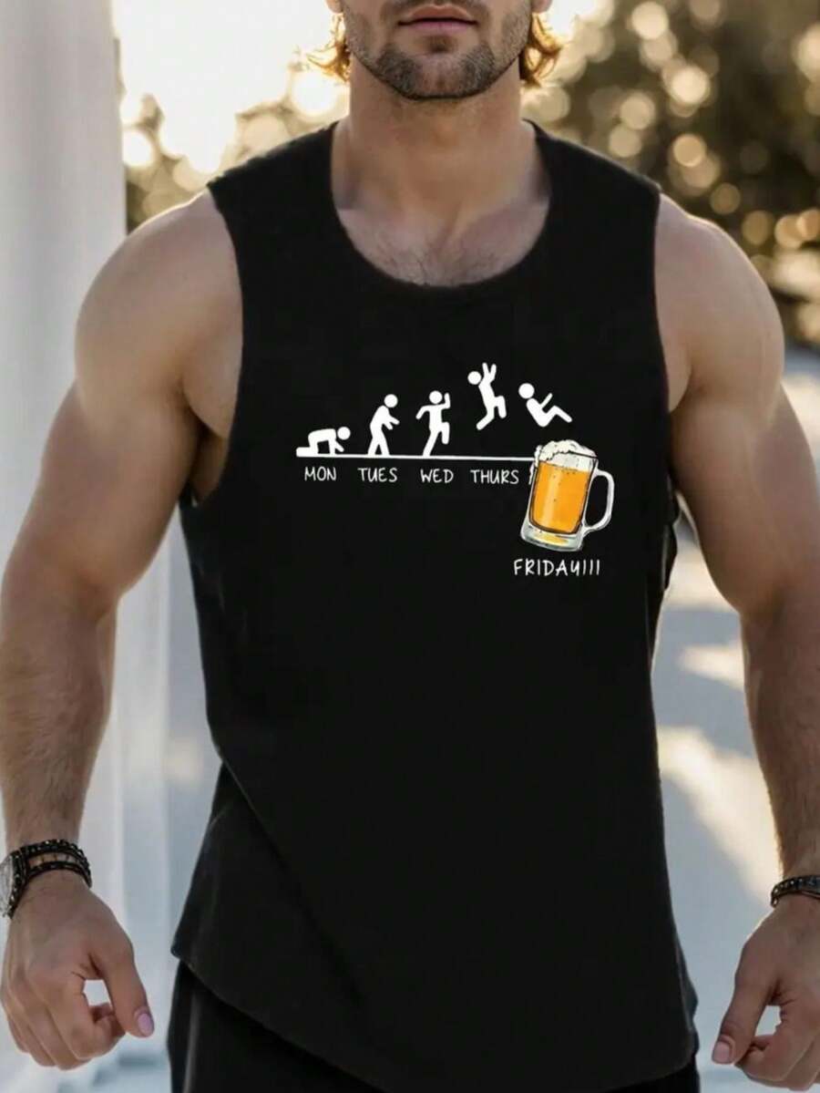 Men's Casual Comfortable Custom Printed Tank Top, Summer Style, 100% Cotton - 黑色 - 查看 1