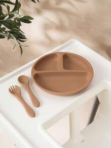 PopLittleOne 3 件装婴儿食物储存硅胶碗宝宝防水叉勺吸盘硅胶餐盘纯色婴儿餐具