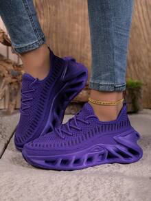 女士时尚防滑透气休闲运动鞋、跑步鞋、户外步行鞋、系带百搭运动休闲鞋 - 紫色 - 查看 6