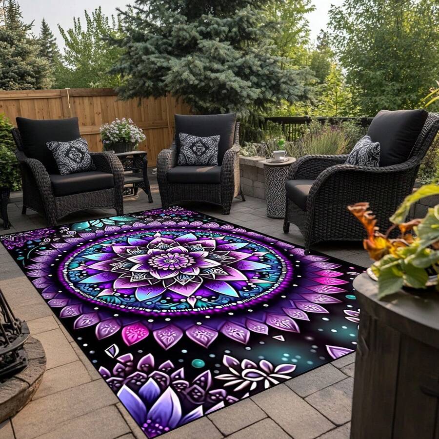 1pc Extra Large Bohemian Purple Mandala Area Rugs - Non-Slip Machine Washable Floor Rugs With Purple/Blue/Pink/Black/Teal Intricate Pattern, Durable Polyester & TPR Backing For Living Room, Bedroom, Home Decor - Style 1 - View 1