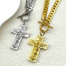 Stainless Steel Cross Jesus Crucifixion Pendant Necklace, Unisex, Gold Hip Hop Style Neck Chain, Christian Jewelry - Necklace - View 7