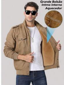 Men's Loose-Fitting Winter Coat With Flap Pockets, Lined With Thick Wool, A Classic And Warm Jacket. - 卡其色 - 查看 3