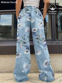 Mobula Sound Floral Print Proste Nogawki Podarte Jeansy, Codzienna Moda Y2K Młode Seksowne Spodnie Na Festiwal Muzyczny Dla Kobiet, Wiosna/Lato - Niebieski - Zobacz 6