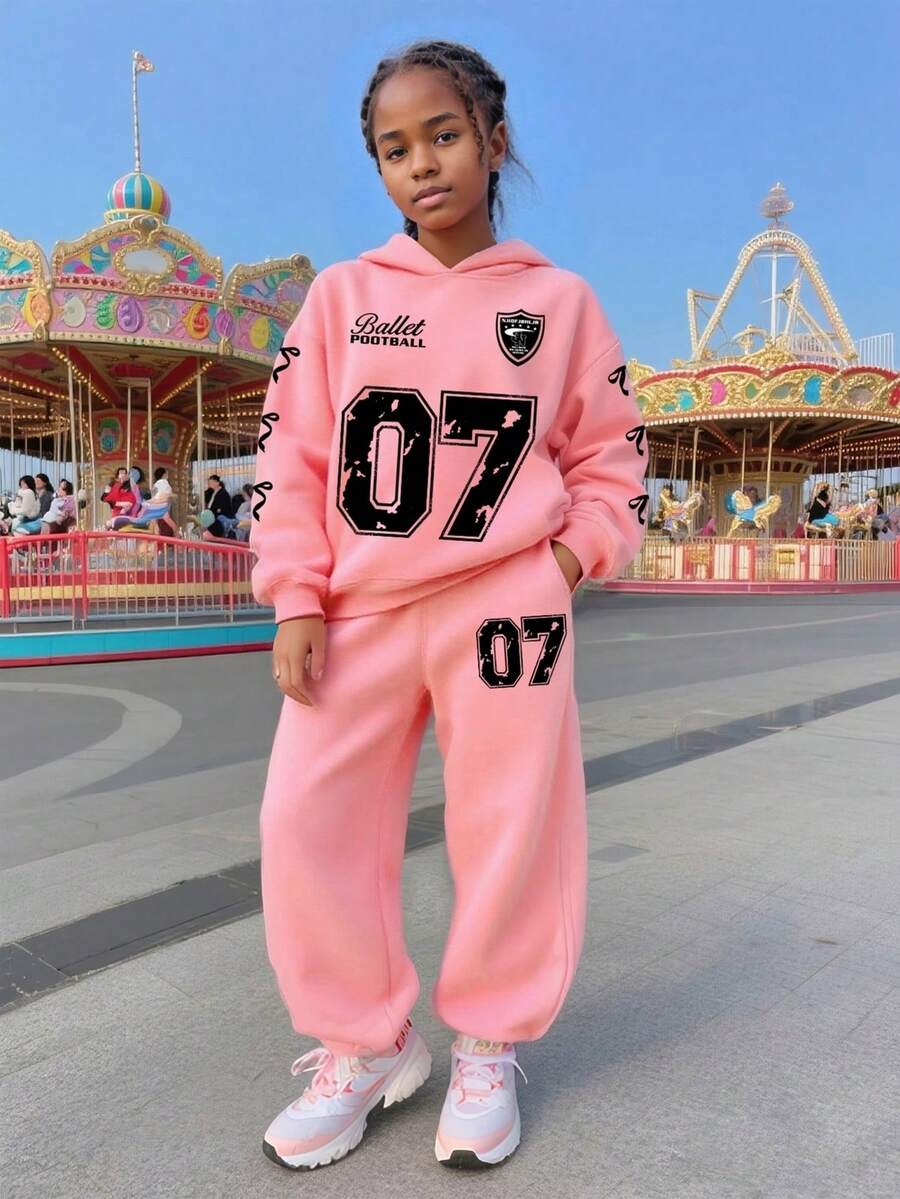 Ensemble sweat-shirt à capuche et pantalon de jogging imprimé numérique pour préadolescentes - Rose bonbon - Voir 1