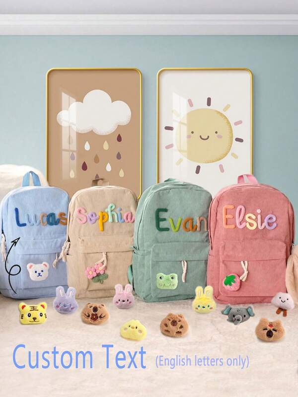 1pc Personalized Corduroy Backpack, Custom Handmade Colorful Letter Embroidery, Knitted Flower/Plush Animal, Solid Color Unisex Backpack, Back To School Gift, All-Purpose, Large Capacity, Versatile, Multifunction, Colorful, Cute, Adorable, Contracted, Funny, Kawaii, Y2K, Minimalist, Commuting, Business Casual, Basics, Custom, Customized, Ideal Gifts For Him