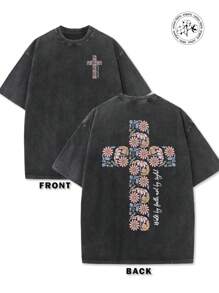 230g Washed Batik Vintage Short-Sleeved T-Shirt, Double-Sided Printed Flowers, Christianity, Men, Cross, God.