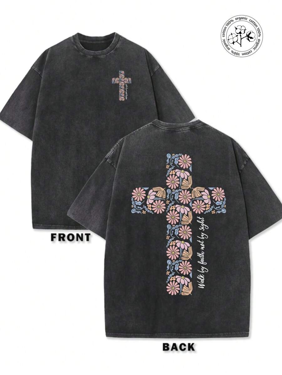 230g Washed Batik Vintage Short-Sleeved T-Shirt, Double-Sided Printed Flowers, Christianity, Men, Cross, God.