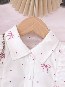 Set de 2 piezas para niñas pequeñas: Blusa elegante y dulce con cuello de moño de lunares rosas y falda corta de línea A única, apropiado para uso casual, vacaciones, salidas diarias, regalos, primavera/verano/otoño