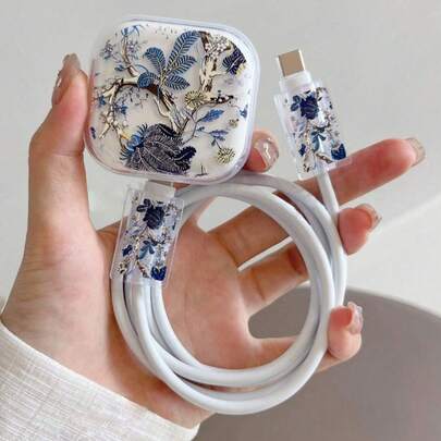 3pcs/Set Data Cable Charger Protector Case, UC Floral Pattern, Suitable For 20W UK Apple Fast Charger, Prevent Damage Cable Protector Charger Accessories Phone Accessories