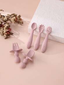 5PCS Personalized Customization Name Baby Silicone Utensils Mini Spoon Fork Food Accessories Solid Color Baby Tableware Print On Demand Baby's Cutlery - Multicolor - View 13