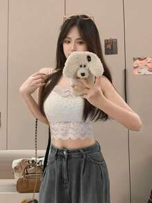 女士可爱性感蕾丝吊带背心，带可拆卸胸垫，纯色打底衫，适合夏季、开学季、冬季、圣诞节、春季节日叠穿