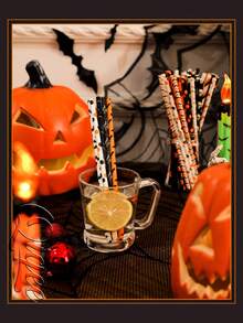 25 unidades Pajitas de Halloween, pajitas de papel desechables creativas para jugo y cócteles con diseños de calabaza, calavera, rayas, ondas y puntos, adecuadas para fiestas, eventos, manualidades, Halloween, cumpleaños y otras ocasiones, decoraciones prácticas, decoración de Halloween con fantasma y calabaza, decoraciones para fiestas - Multicolor - Ver 4
